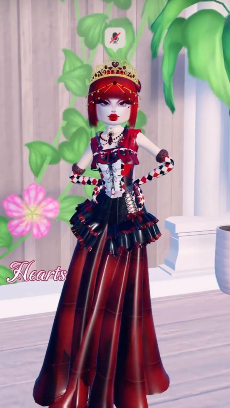 an animated doll wearing a red and black dress