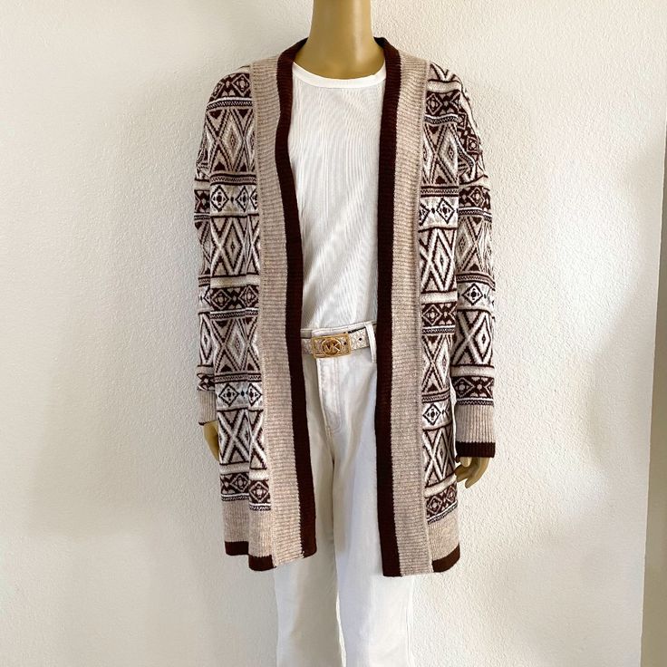 This Is Brand New Never Worn Jessica Simpson Women's Tribal Open Front Long Cardigan Duster That's Available In Size Small. It Comes In A Beautiful Brown Cream And White Aztec Design Perfect For The Fall Season White Bohemian Cardigan For Fall, White Bohemian Winter Cardigan, White Fair Isle Pattern Casual Cardigan, Casual White Fair Isle Cardigan, White Open Front Bohemian Sweater, White Bohemian Open Front Sweater, Bohemian White Open Front Sweater, Cheetah Cardigan, Aztec Print Cardigan