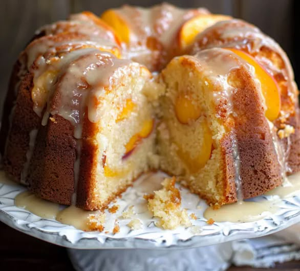 a bundt cake with icing and peaches on top