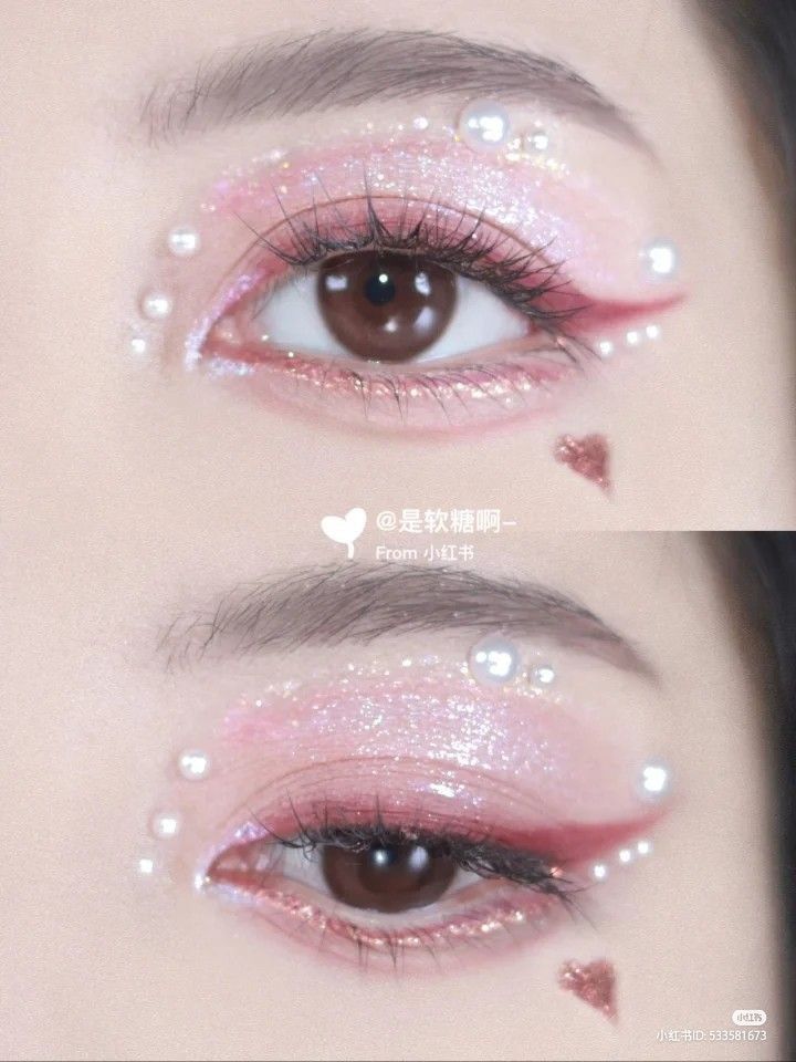 Heart Pearl Makeup, Fairy Theme Makeup, Cute Makeup Looks Aesthetic Pink, Twice Concert Makeup Ideas, Pink Makeup Looks Soft Glam, K Pop Concert Makeup Ideas, Txt Concert Makeup Ideas, Txt Concert Makeup, Concert Makeup Pink