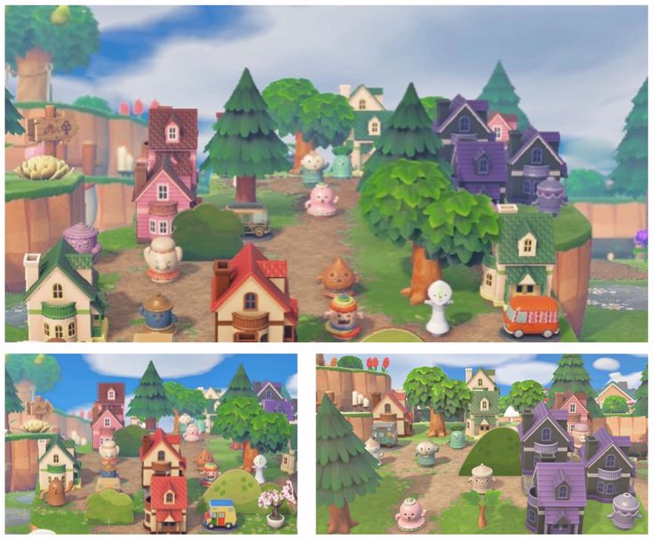 several images of different houses and trees in the game animal crossing, including one with a cat