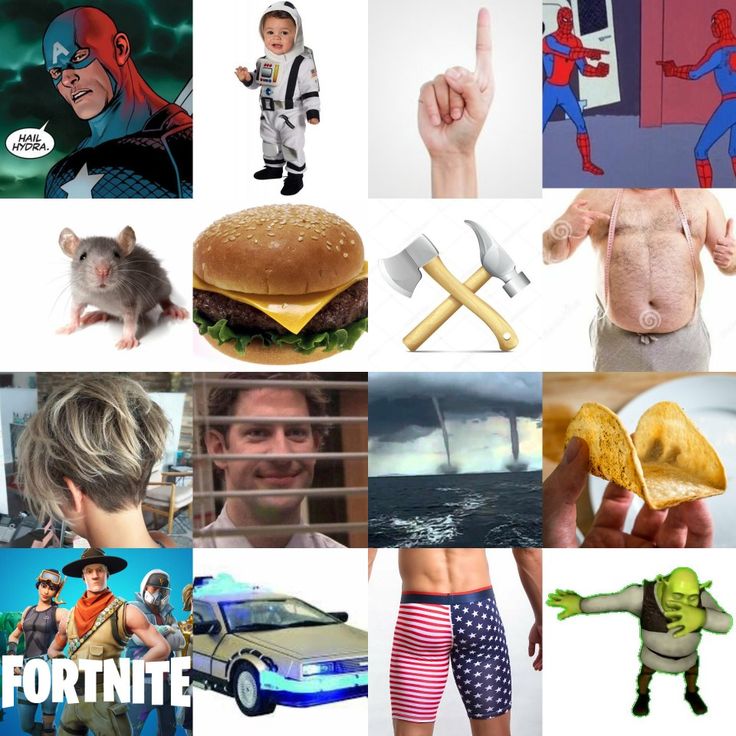 a collage of photos with cartoon characters, including a man in shorts and a rat