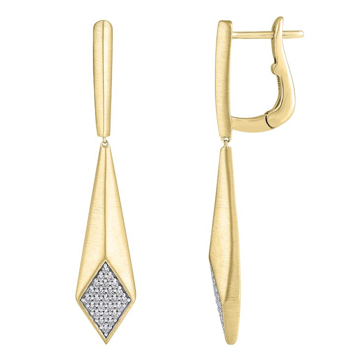 Elevate your jewelry collection with the timeless allure of these stunning yellow gold drop earrings. Crafted with care from enduring 10k yellow gold, these drop earrings feature a contemporary geometric design accented by a diamond shaped cluster of dazzling round diamonds gracing the base of the earrings. The diamonds are 1/4ctw, I in color, and I2 in clarity. These earrings measure 41.35mm in length and 14.65mm in width. Contemporary Diamond Jewellery, Formal Yellow Gold Diamond-shaped Earrings, Elegant Gold Diamond-shaped Diamond Earrings, Modern Gold Diamond Linear Earrings, Modern Gold Teardrop Diamond Earrings, Modern Linear Earrings With Diamond Accents For Formal Events, Modern Linear Earrings With Diamond Accents For Formal Occasions, Modern Diamond-shaped Earrings For Formal Occasions, Modern Diamond-shaped Earrings For Formal Events