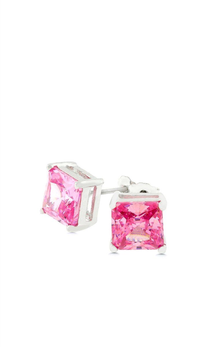 Add a pop of pink to any outfit with these sterling silver 4 Carat pink cubic zirconia princess cut stud earrings!- Stud Earrings- Princess Cut- Cubic Zirconia - Pink- Stone Size: 7mm- .925 Sterling Silver- Post Back Classic Pink Cubic Zirconia Jewelry, Classic Pink Sterling Silver Earrings, Pink Sterling Silver Jewelry With Prong Setting, Princess Cut Sterling Silver Earrings, Pink Prong Set Earrings For Anniversary, Pink Princess Cut Jewelry With Prong Setting, Pink Earrings With Prong Setting For Anniversary, Pink Cubic Zirconia Earrings Fine Jewelry, Pink Cubic Zirconia Earrings In Fine Jewelry Style