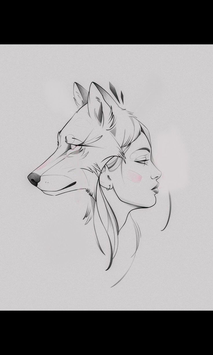 a drawing of a woman and a wolf with their eyes closed in front of the camera