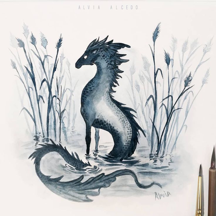 a drawing of a sea horse standing in the water with reeds and weeds behind it