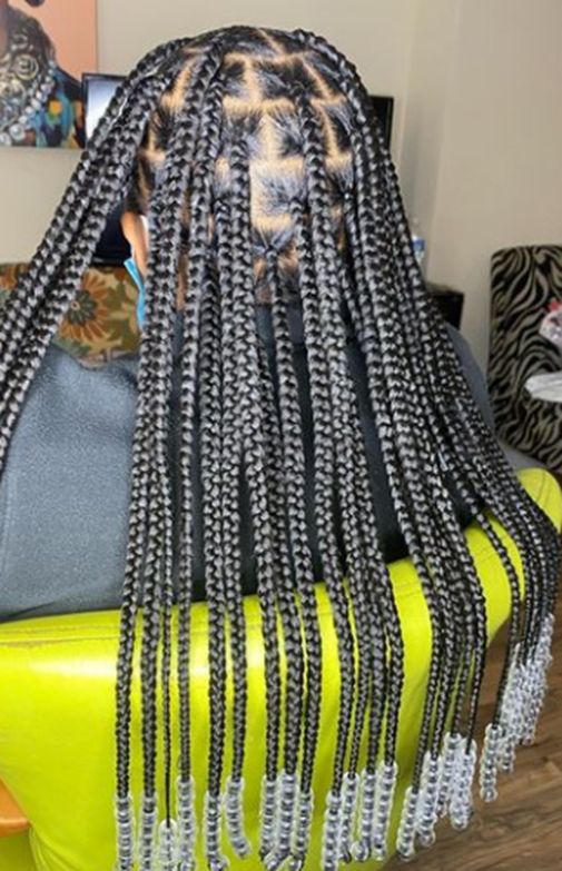 Large Knotless Braid With Beads Small Medium Knotless Braids With Beads, Large Knotless With Beads, Knotless Braid With Beads, Medium Knotless Braids With Beads, Braids With Clear Beads, Box Braids Beads, Braid With Beads, Large Knotless Braids, Knotless Braids With Beads