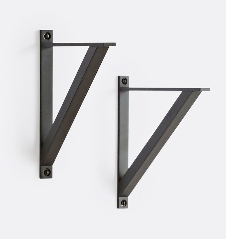 two black metal shelves with brackets on the top and bottom, one in the shape of a v