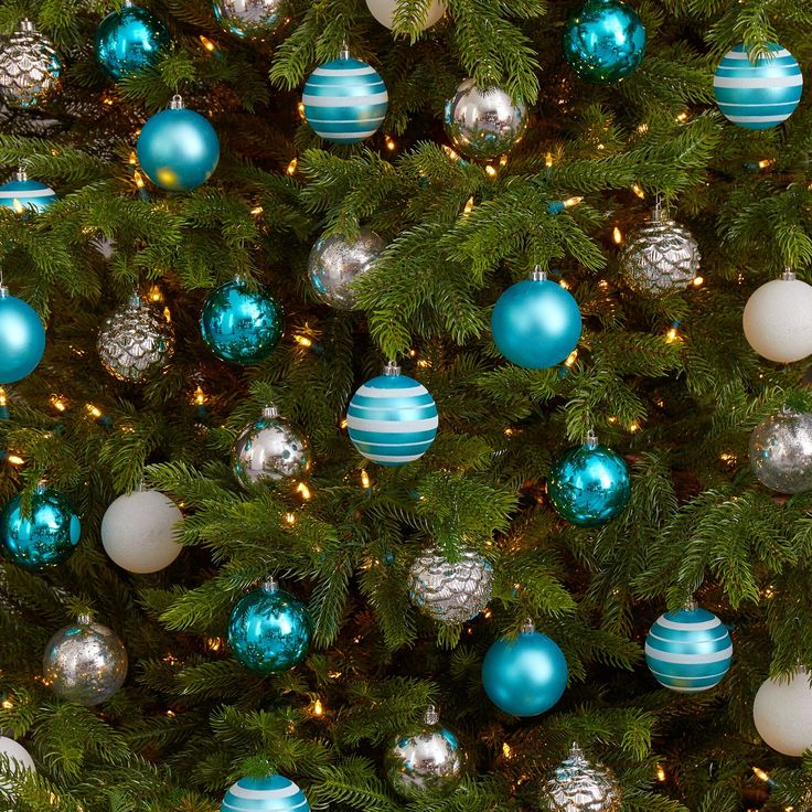 a christmas tree with blue and white ornaments