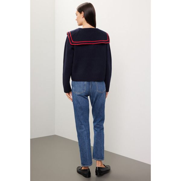 Off-white knit (Main fabric: 100% wool / Rib: 100% wool / Collar: 100% wool). Sweater. Long sleeves. Collar. Pull on. 21" from shoulder to hemline. Imported. Chic Wool Sweater With Ribbed Collar, Navy Cashmere Sweater For Work, Navy Cotton Sweater For Work, Navy Wool Tops For Fall, Fitted Top With Contrast Collar For Fall, Merino Wool Crew Neck Outerwear, Navy Sweater With Ribbed Collar For Fall, Navy Ribbed Collar Sweater For Fall, Fine Knit Winter Outerwear For Work