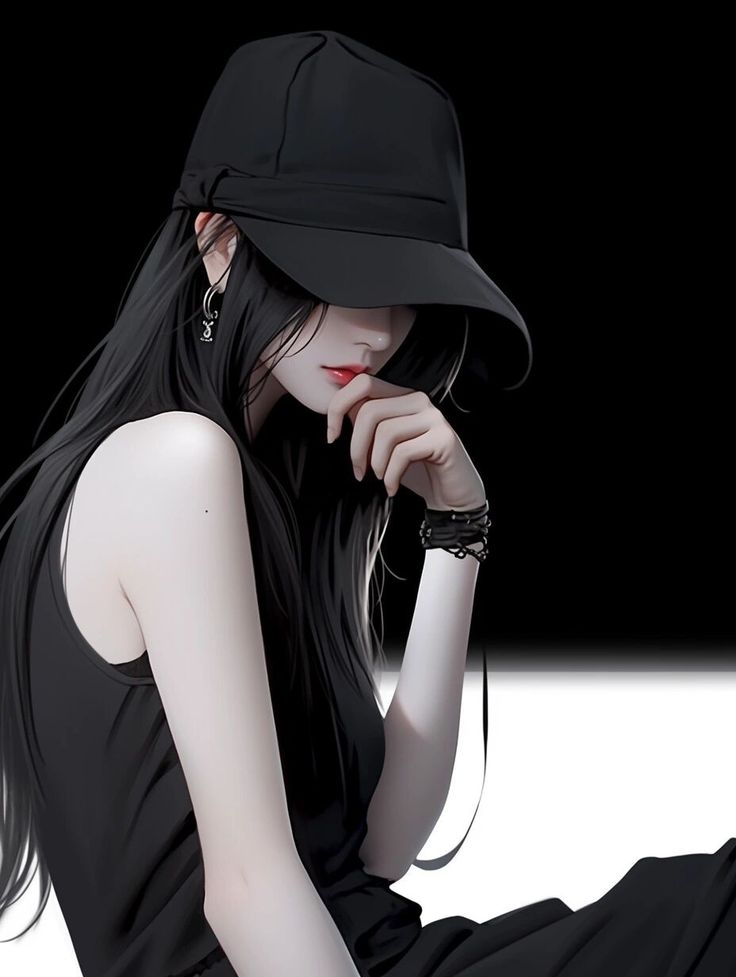 a woman with long black hair wearing a hat sitting on the ground in front of a black background