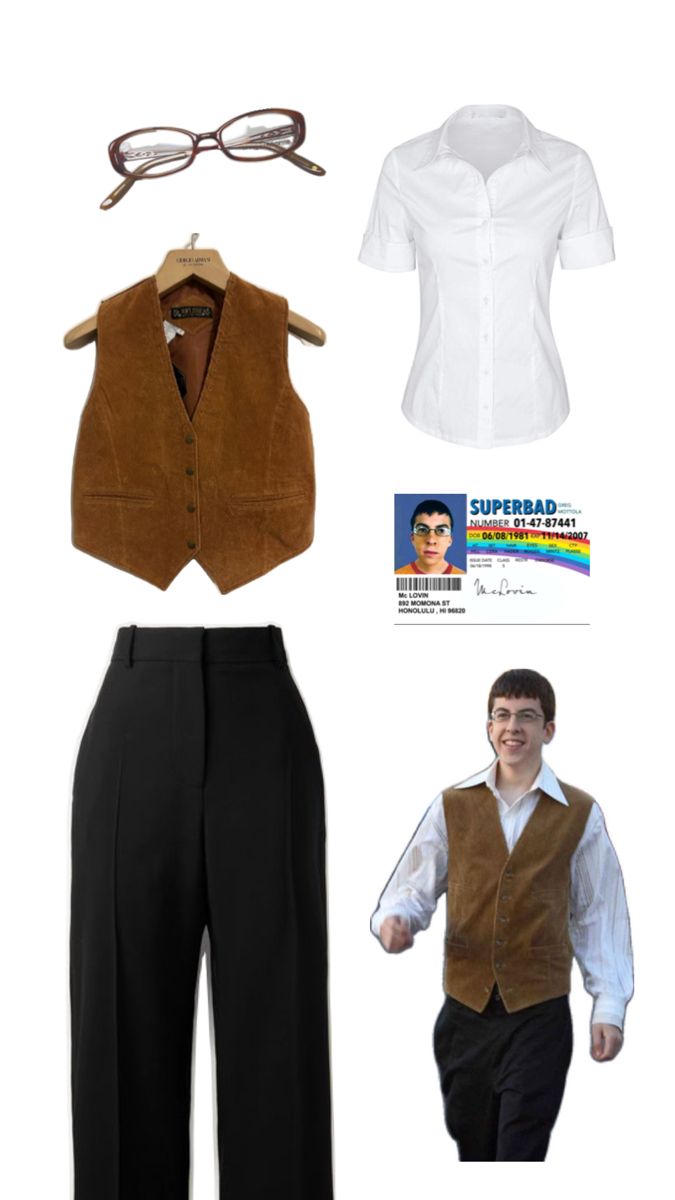 men's clothing and accessories including glasses, shirt, vest, pants, tie