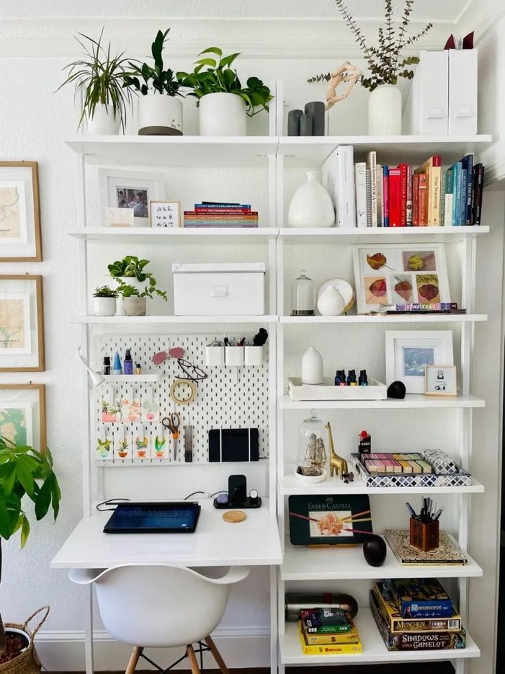 a white book shelf filled with lots of books next to a potted plant on top of a wooden floor