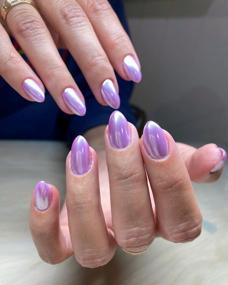 Lilac With Chrome Nails, Purple Halo Nails, Lavender Nail Ideas Almond, Lavender Nails Inspiration, Purple Nails Shiny, Nails For Purple Hoco Dress, Lilac Chrome Nails Short, Lilac Purple Chrome Nails, Fun Lavender Nails