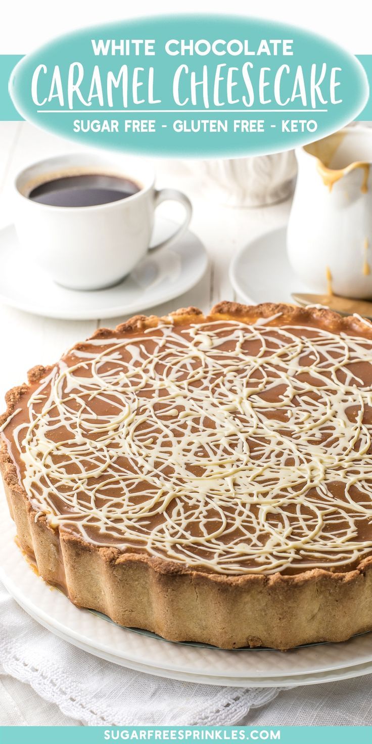 a white chocolate caramel cheesecake on a plate next to a cup of coffee