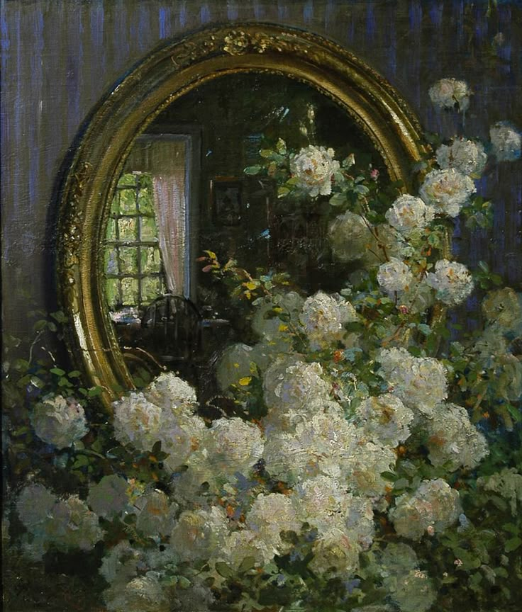 a painting of white flowers in front of a mirror