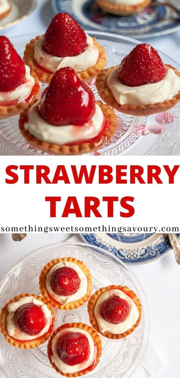 strawberry tarts with whipped cream and strawberries on top are the perfect dessert for valentine's day