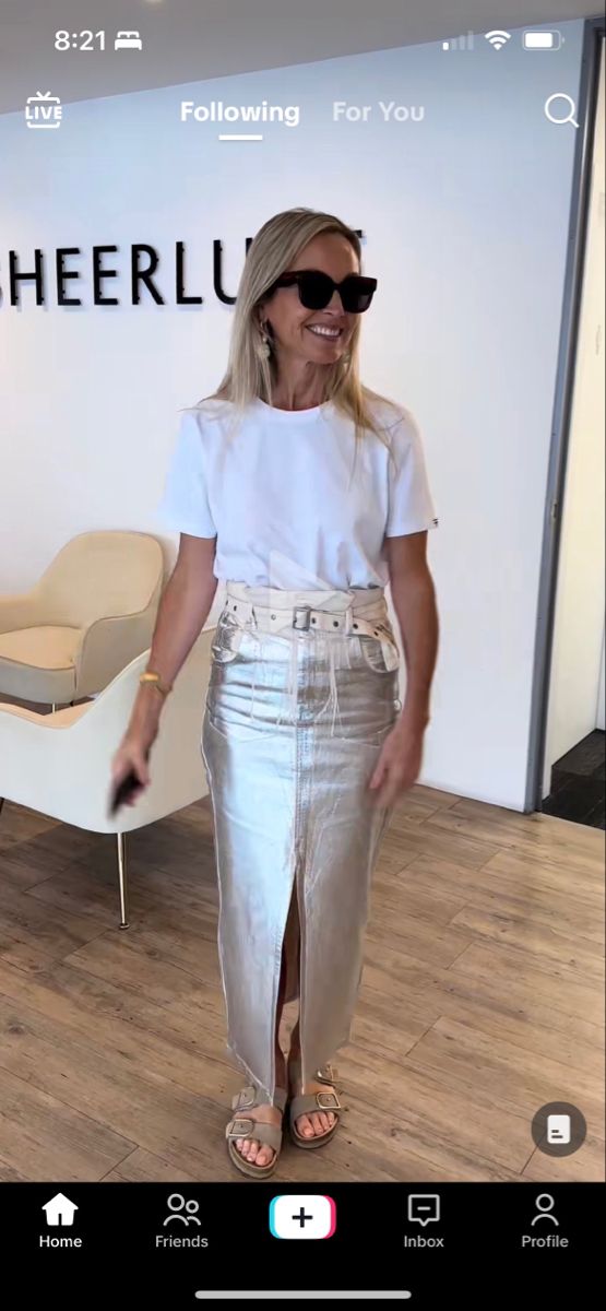 Tee shirt birkenstocks white silver denim skirt work casual outfit Silver Skirt Street Style, Silver Denim Skirt, Silver Denim Outfit, Silver Denim Skirt Outfit, Silver Long Skirt Outfit, Long Silver Skirt Outfit, Silver Birkenstocks Outfit, Work Casual Outfit, Silver Skirt Outfits