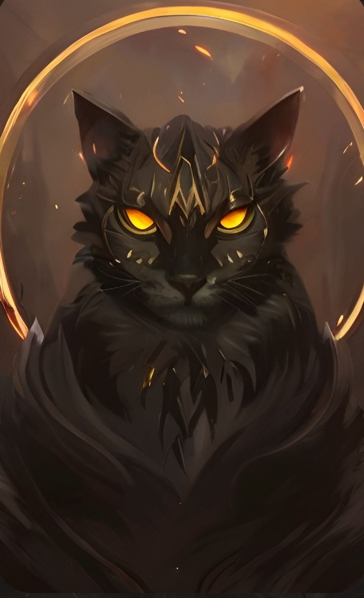 a black cat with yellow eyes and an orange ring around it's neck, in front of a dark background