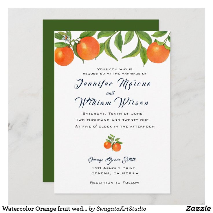 an orange themed wedding card with the words,'citrus grove'in white and green