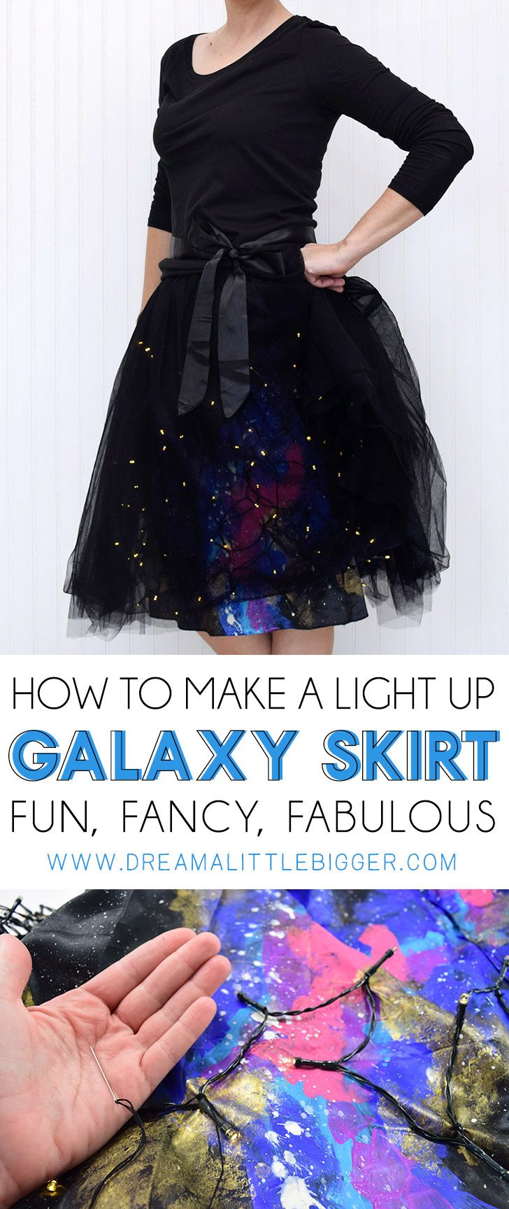 a woman wearing a black dress with stars on it and text overlay that reads how to make a light up galaxy skirt fun, fancy, fabulous