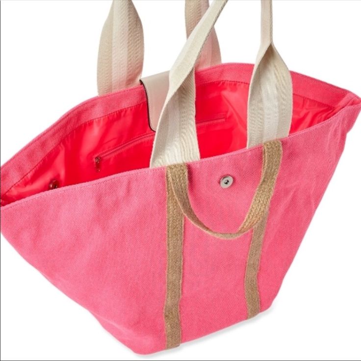 Brand New Tome And Tru Hot Pink Tote Bag Perfect For Beach, Picnic, Or Everyday! Features 3 Pair Button Closure Casual Canvas Shoulder Bag For Vacation, Casual Canvas Vacation Bag, Beach Bags With Leather Handles In Cotton, Beach Bags With Leather Handles And Cotton Material, Summer Canvas Beach Bag With Double Handle, Pink Canvas Beach Bag, Pink Canvas Shoulder Bag For Beach, Pink Canvas Shoulder Bag For The Beach, Pink Canvas Beach Bag For Summer