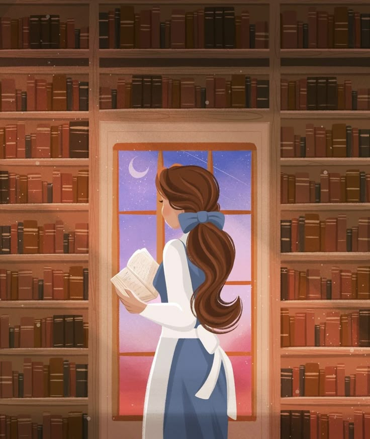 a woman standing in front of a bookshelf holding a book and looking out the window