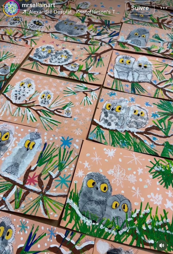 an art project with owls and snowflakes