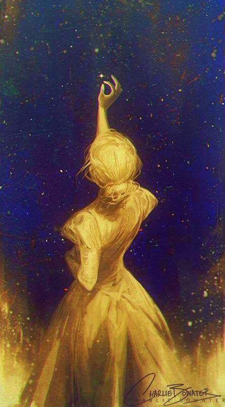 a painting of a woman in a yellow dress looking up at the stars above her head