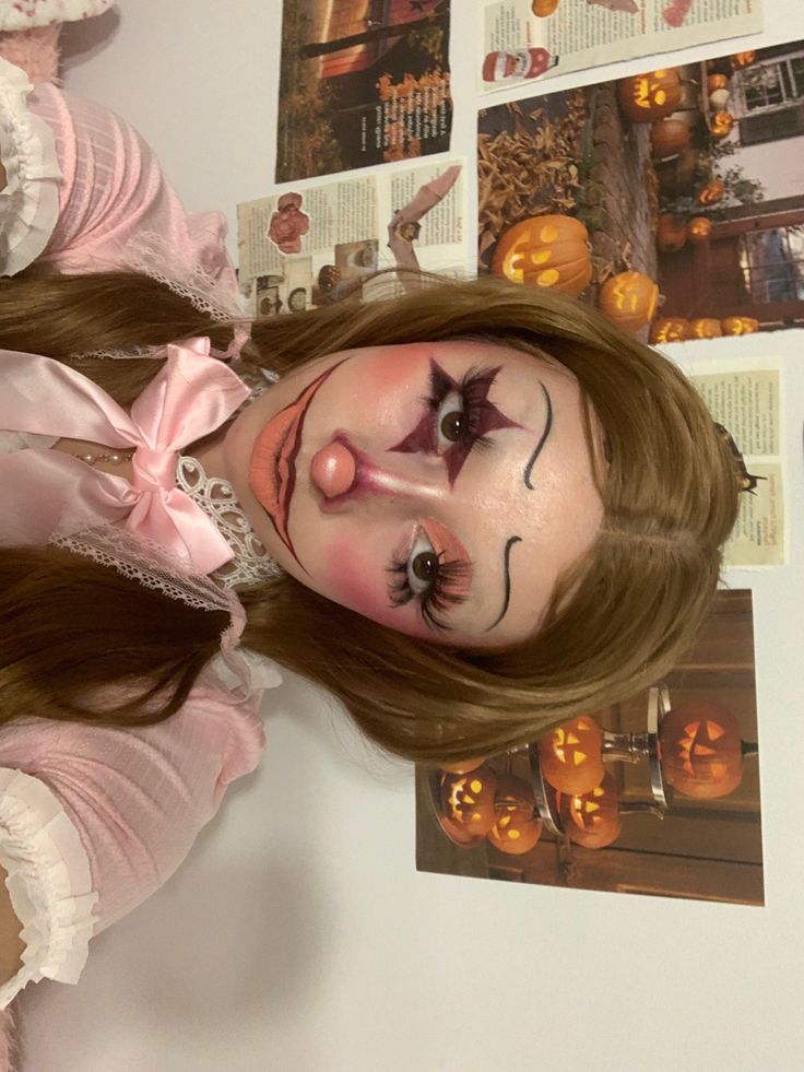 Hairstyles For Clown Costume, Clown Makeup Inspo Easy, Creative Makeup Halloween, Pink Clown Halloween Costume, Pink Clown Costume Halloween, Cute Pink Clown Costume, Sfx Makeup Ideas Scary Halloween Clown, Clown Halloween Costumes Cute, Coquette Clown Costume