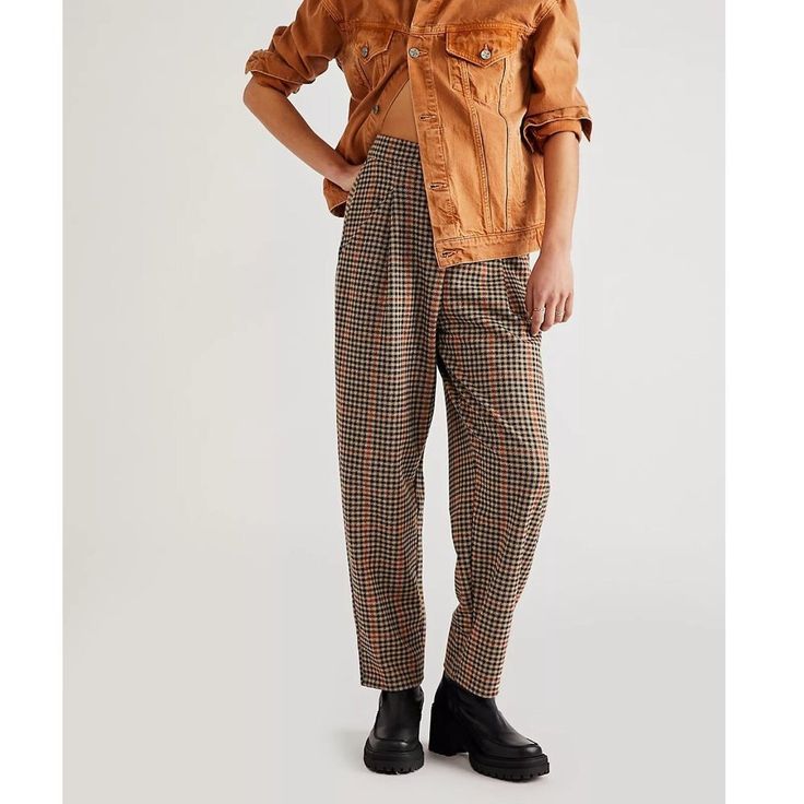 Nwt Free People Posey Plaid Pants New With Tags Women's S Brown, Black, White And Orange Plaid Pattern High Rise Button Fly Poly Viscose Blend Approximate Flat Measurements: Waist - 13.75 Inches Rise - 13.5 Inches Inseam - 27.5 Inches Leg Opening - 7.25 Inches Dark Academia - Preppy Hh18 Cream Wide Leg Trousers, Slouch Pants, Suede Pants, Velvet Trousers, Boho Pants, White And Orange, Orange Plaid, Tapered Trousers, Velvet Pants