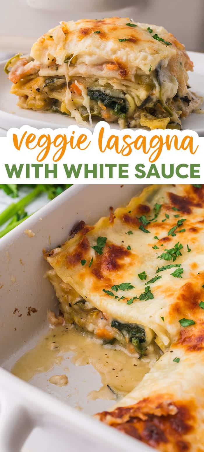 lasagna with white sauce in a casserole dish on a plate next to asparagus