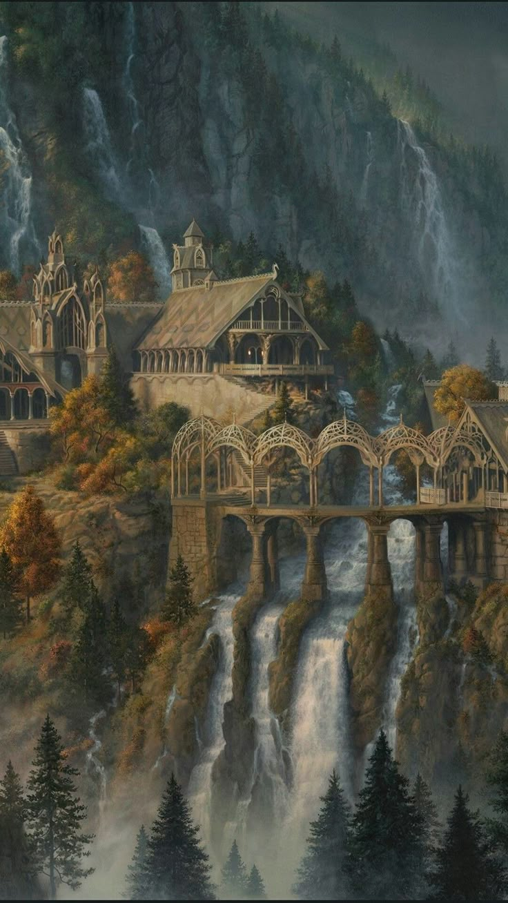 a painting of a bridge over a waterfall in front of a mountain with trees and buildings