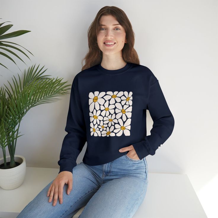 Everyone loves a comfy sweatshirt in the fall. Check out this adorable funky print and let that inner babbs turn outter ;) Check out the cute little flower on the left sleeve 🌼 .: 50% cotton, 50% polyester.: Medium-heavy fabric (8.0 oz/yd² (271.25 g/m²)).: Loose fit.: Sewn-in label.: Runs true to size Casual Cotton Sweatshirt With Funny Print, Graphic Print Sweatshirt For Spring Loungewear, Cozy Cotton Sweatshirt For Spring, Cotton Floral Print Long Sleeve Sweater, Trendy Long Sleeve Sweatshirt With Funny Print, Fall Cotton Sweater With Floral Print, Cozy Graphic Print Tops For Spring, Cute Long Sleeve Spring Sweatshirt, Cozy Long Sleeve Sweatshirt For Spring