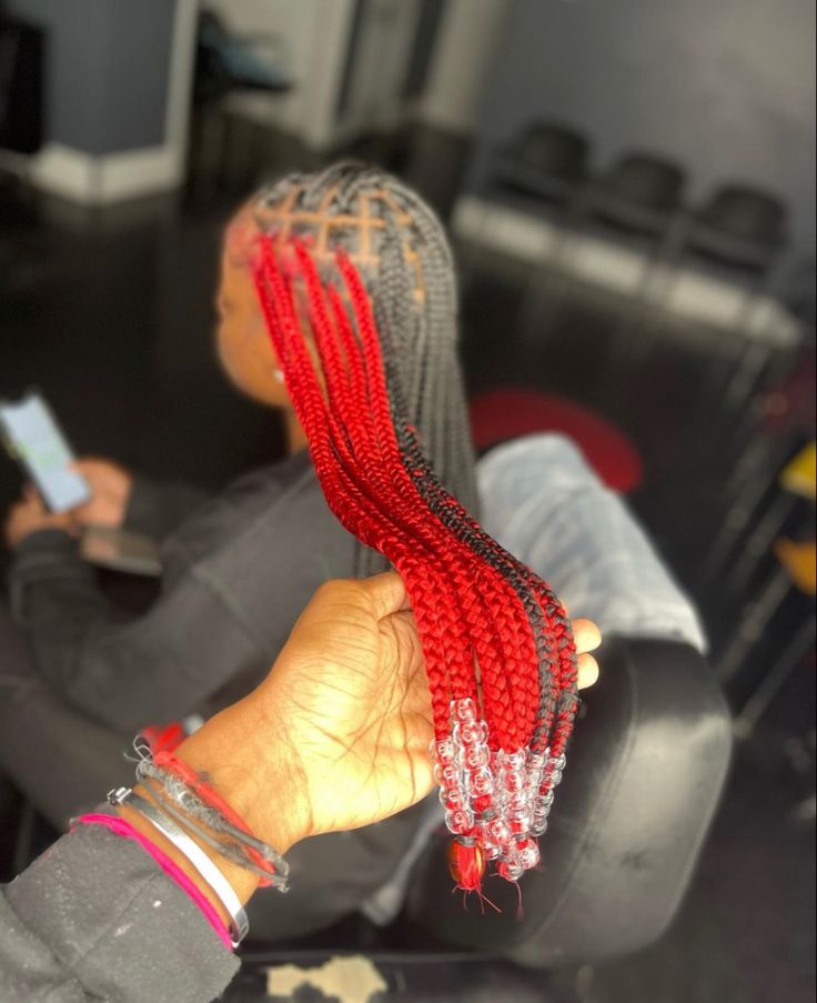 Red And Black Knotless Braids With Beads, Box Braids Hairstyles Red And Black, Red Peekaboo Braids With Beads, Red And Black Peekaboo Braids, Bohemian Curls, Red Peekaboo, Red Box Braids, Medium Knotless, Black Box Braids