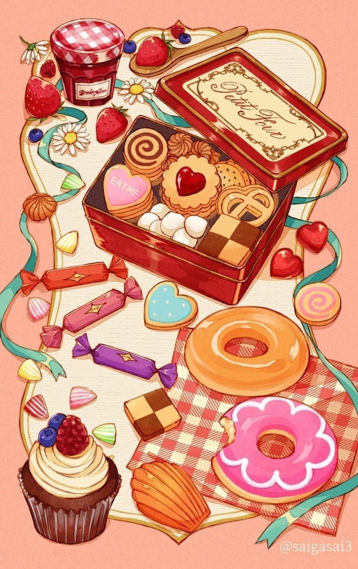 a painting of various pastries on a table