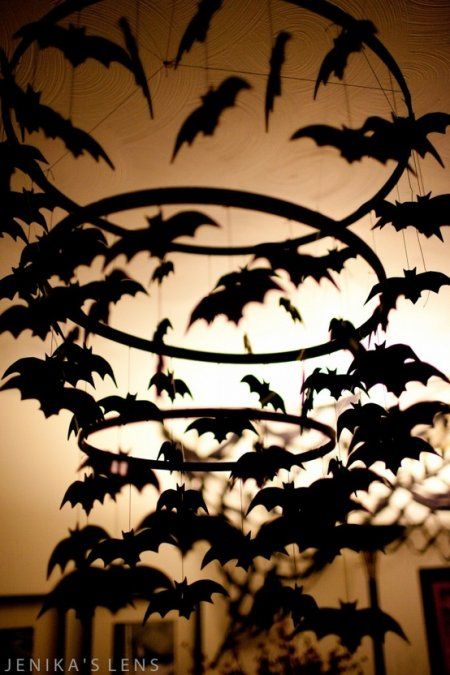 a group of bats hanging from the ceiling in front of a light fixture that is made out of metal rings