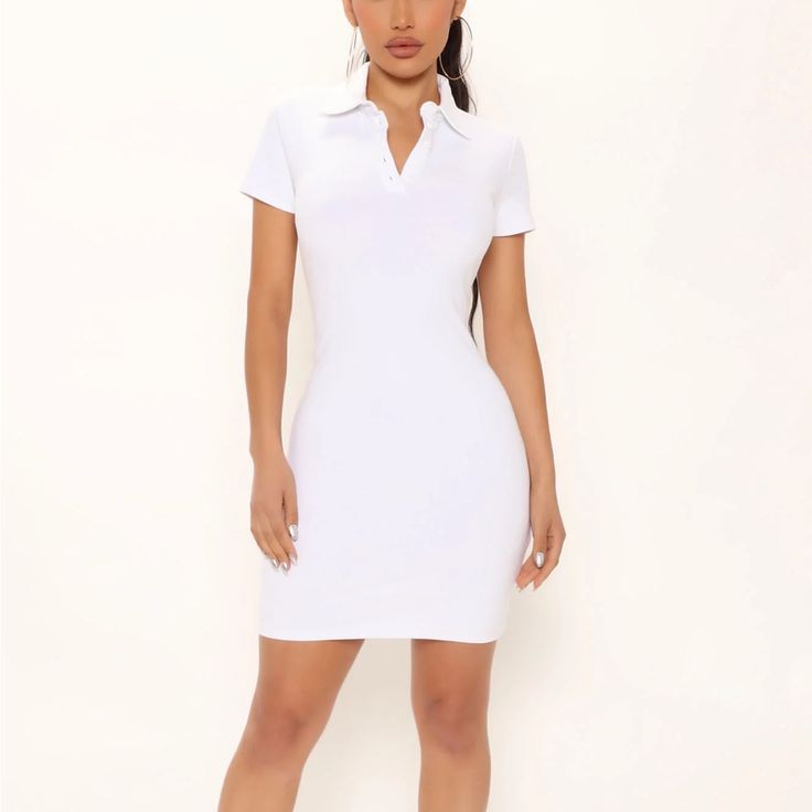 Nwot! Gorgeous Cotton White Dress White Polo Dress Outfit, White Fitted Casual Polo Dress, White Sporty Short Sleeve Tennis Dress, White V-neck Tennis Dress For Spring, Sporty White Tennis Dress With Built-in Shorts, White Polo Dress, Cotton White Dress, White Tennis Dress, Red Ruched Dress