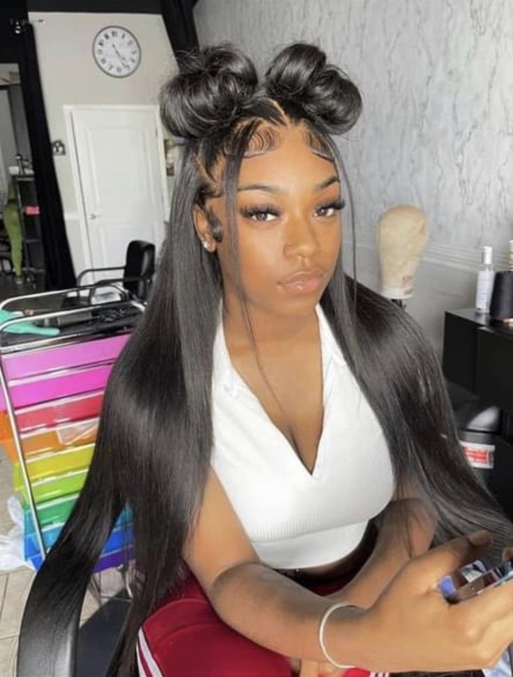 Hairstyles For 20th Birthday, Hairstyles For Frontals, Straight Frontal Wig Hairstyles Ponytail, Two Buns Frontal Wig, Hairstyles For Homecoming Straight Hair, Different Wig Hairstyles For Black Women, Cute New Hairstyles For Black Women, Hairstyles For Long Wigs, Two Ponytails Frontal Wig