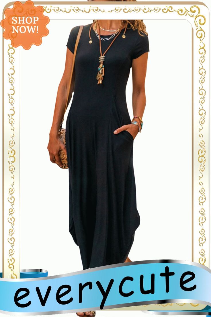 Black Crew Neck Short Sleeve Maxi Dress Black Solid Color Maxi Dress For Vacation, Elegant Black Maxi Dress With Pockets, Casual Solid Color Maxi Dress For Evening, Black Maxi Dress With Pockets, Casual Maxi Dress For Night Out, Black Solid Color Maxi Dress For Day Out, Fitted Black Casual Maxi Dress, Casual Black Maxi Dress For Day Out, Casual Fitted Black Maxi Dress