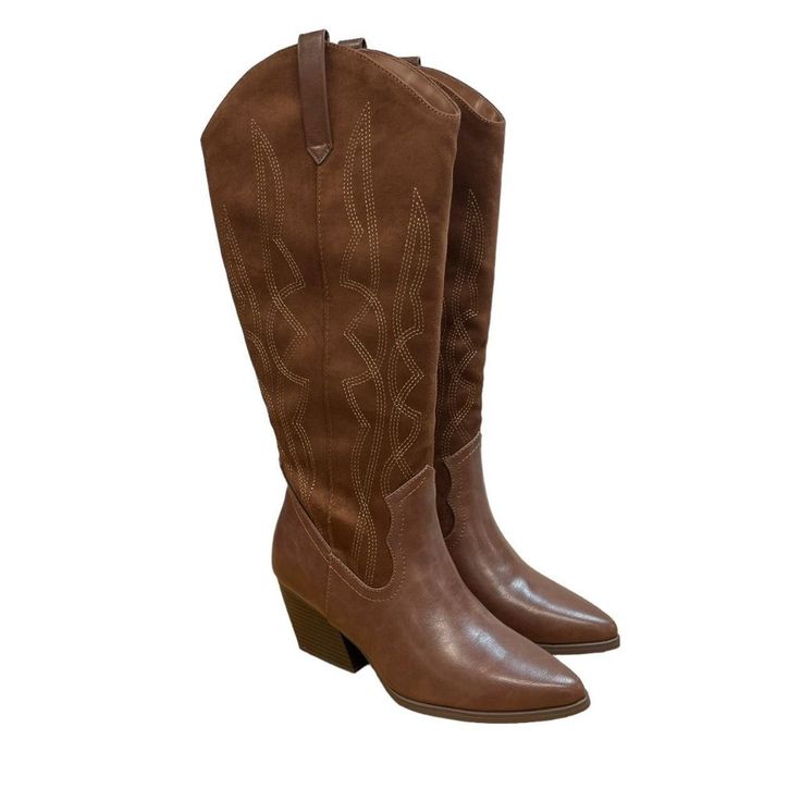 Soda Zaki Brown Cowboy Boots Pu Faux Leather And Suede With Block Heel And Stitched Design Brand New In Box Multiple Sizes Available Perfect For A Festival Set, Rave Outfit, Western Wear, A Costume, Dollskill Shoes Lovers, Shoppers Of Urban Outfitters, And More #Nwt #Summer #Booties #Womens #Fashion Wide Calf Knee-high Boots For Rodeo In Winter, Western Wide Calf Faux Leather Heeled Boots, Fall Rodeo Brown Mid-calf Boots, Western Boots In Faux Leather Medium Width, Knee-high Winter Rodeo Boots, Mid-calf Boots For Rodeo In Winter, Winter Rodeo Mid-calf Boots, Brown Pointed Toe Heeled Boots For Rodeo, High Heel Boots For Rodeo In Fall