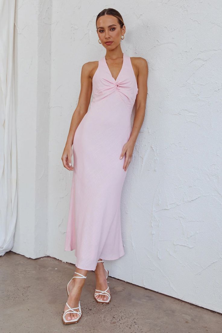 Shop the Coastal Charm Twist Back Maxi Dress Pink | Selfie Leslie Summer Backless Maxi Dress For Dinner, Chic Ruched Maxi Dress For Wedding Guest, Fitted Halter Neck Maxi Dress For Wedding Guest, Spring Backless Midi Dress For Dinner, Chic Summer Backless Dress For Wedding Guest, Spring Midi Backless Dress For Dinner, Chic Backless Midi Dress For Wedding Guest, Spring Midi-length Backless Dress For Dinner, Chic Backless Maxi Dress For Dinner