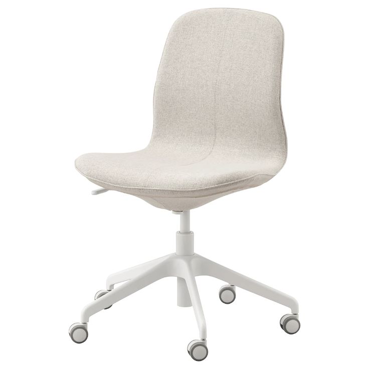 a white office chair with wheels on the back and seat upholstered to the side