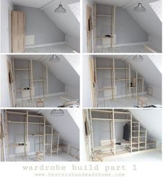 four pictures of the inside of a room with shelves and ladders on each side