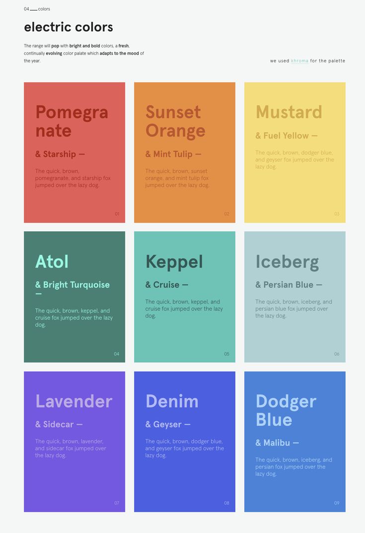 the color scheme for different font styles and colors