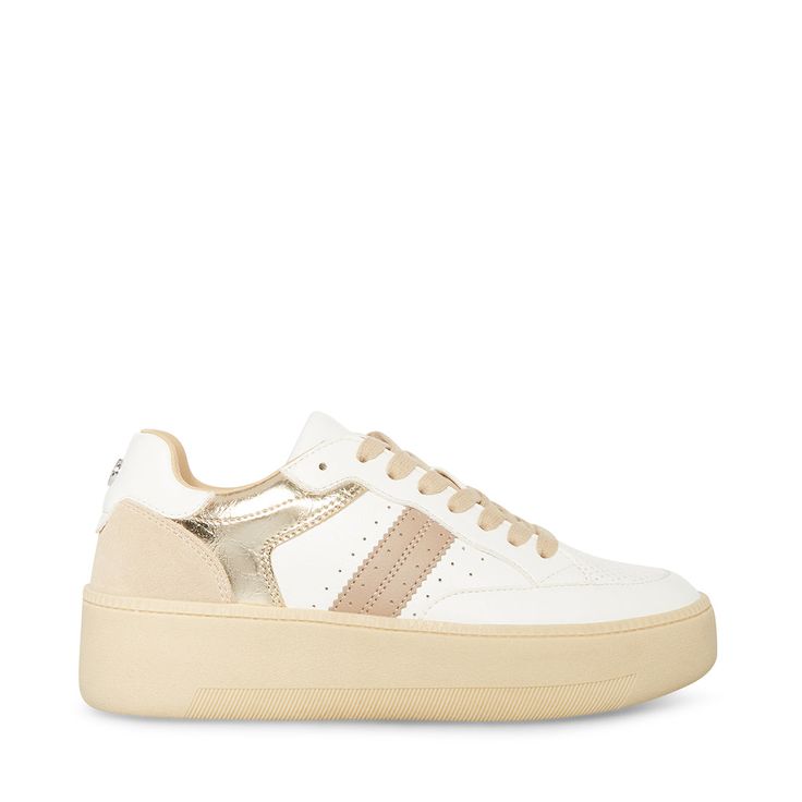 SMART + CASUAL + EASY The BRANDI sneakers are set on a sleek-but-chunky flatform sole for a boosted silhouette. Contrasting panel finishes and perforated details add dynamic texture Low top flatform sneaker Laced closure 1.75 inch heel height Vegan leather and suede upper material Vegan leather and textile lining Synthetic sole Imported Flatform Sneakers, Mall Stores, Steve Madden Store, Apparel Merchandising, Lacing Sneakers, Women's Sneakers, Smart Casual, Low Top, Brandy