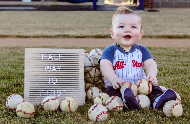 “Half way to first” baseball baby 6 month photography pictures 6 Months Baseball Pictures, 4th Of July 6 Month Baby Pictures, 6 Month Theme Pictures, Baseball Milestone Pictures, 6 Month Milestone Picture Ideas, Boys 6 Month Photo Ideas, Baseball 6 Month Photoshoot, 5 Month Baby Picture Ideas, Boy Milestone Pictures