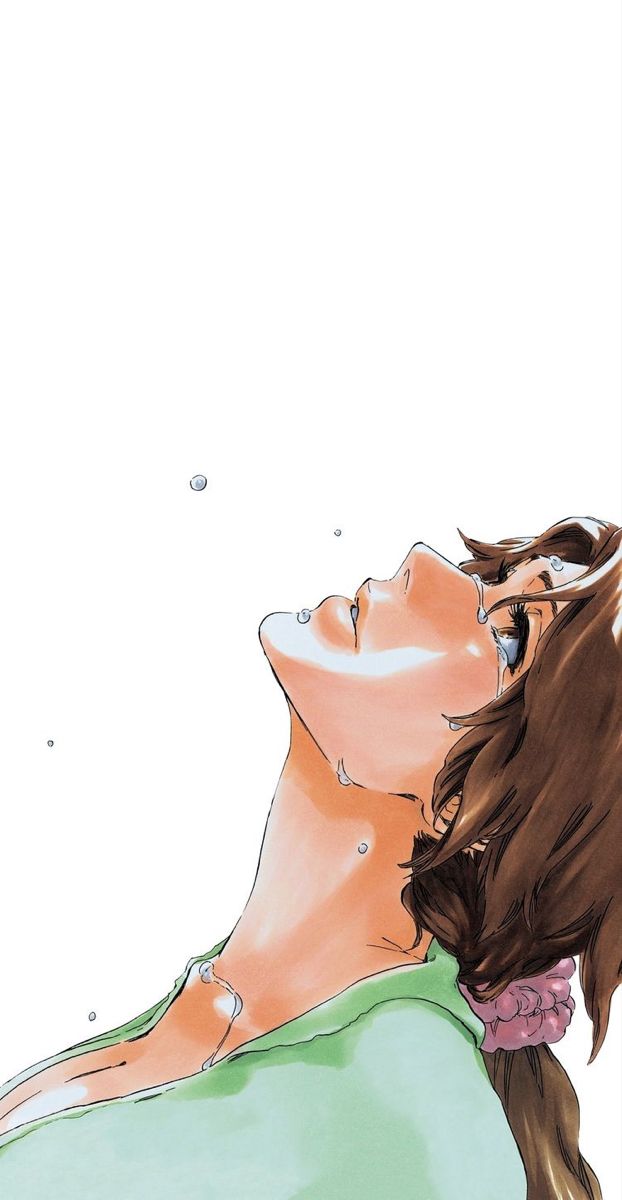 a drawing of a woman with her eyes closed and water droplets on her face, looking up at the sky