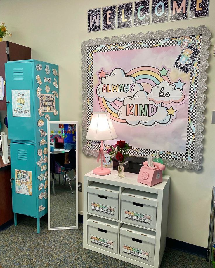 a room with a blue locker, white dresser and pink lamp next to a welcome sign