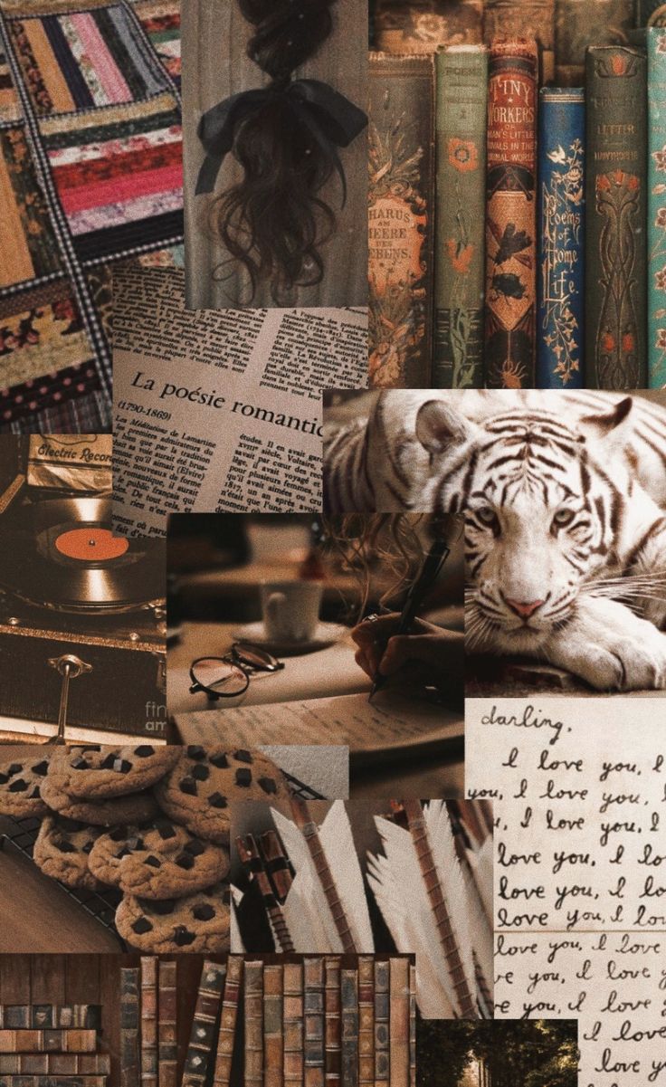 a collage of books and pictures with white tiger